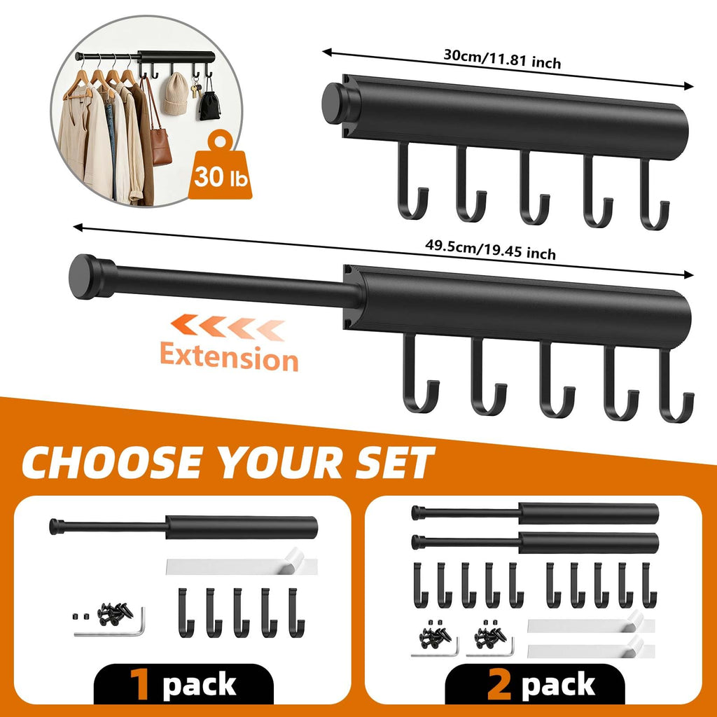 Valet Rod Closet Pull Out 12 Inch Retractable Organizer for Closet Black