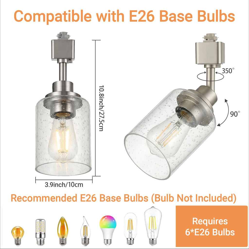 6 Pack H Track Lighting Replacement Heads Brushed Nickel, Ceiling Track Lighting Fixtures with Seeded Glass Shades