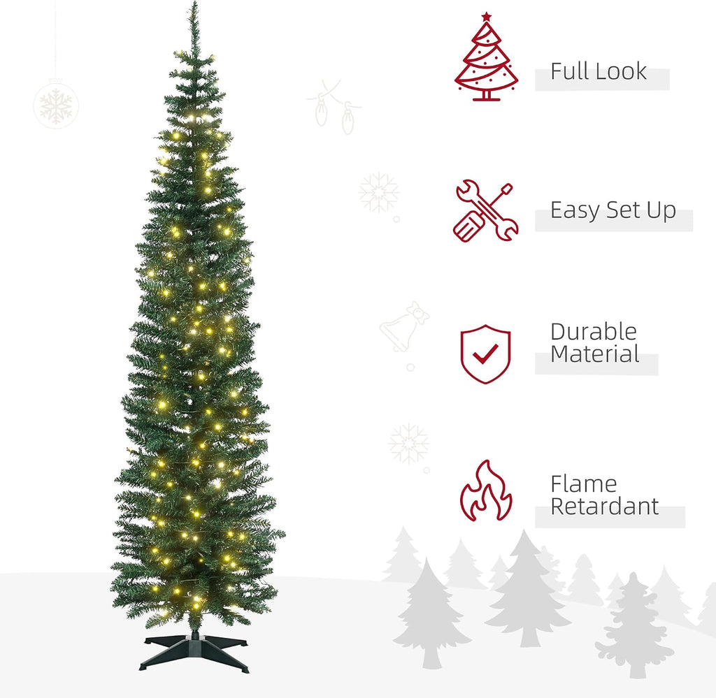 7' Tall Pre-Lit Slim Noble Fir Artificial Pencil Christmas Tree with 200 Warm White LED Lights and 499 Tips, for