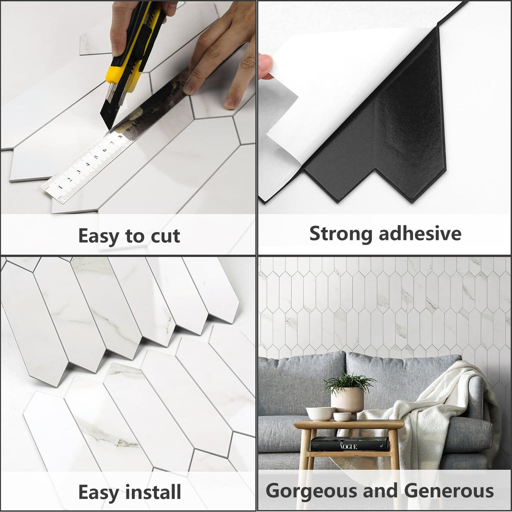 Glossy White Marble Backsplash Tile Peel and Stick, 12.8 x 12.8 Inch 10 Sheets Long Hexagon PVC Self Adhesive Mosaic
