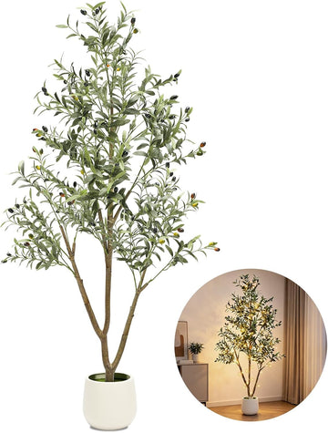 6FT Artificial Olive Tree with Lights & Planter, Realistic Faux Olive Plant