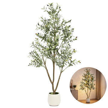 6FT Artificial Olive Tree with Lights & Planter, Realistic Faux Olive Plant