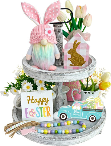 Easter Decorations, Easter Gnome Tiered Tray Decor, Glitter Easter Wood Signs, Truck Full of Eggs, Easter Bunny - Set of 5