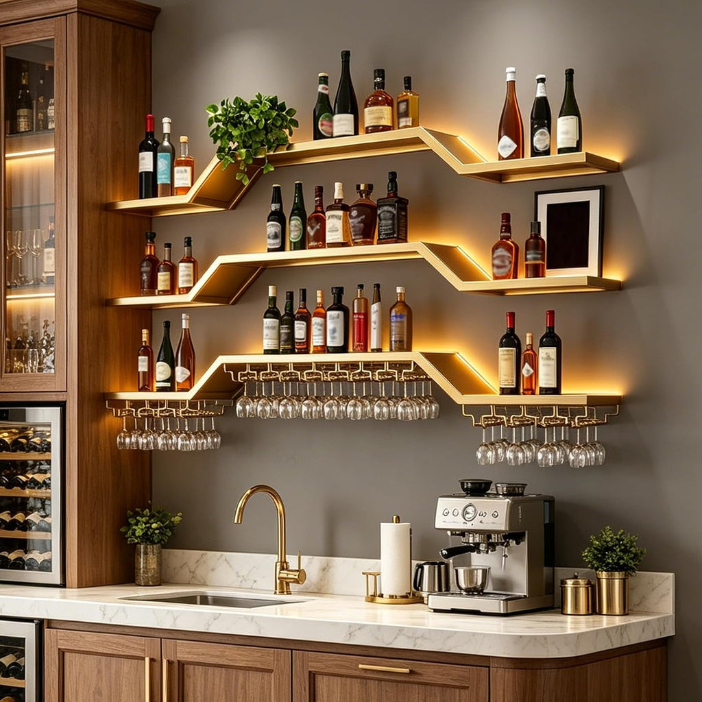 31.5in Wine Rack Wall Mounted, Move Individual Shelf LED Lights | 3-Tier Floating Bar Wall Shelves LED, Includes Wine