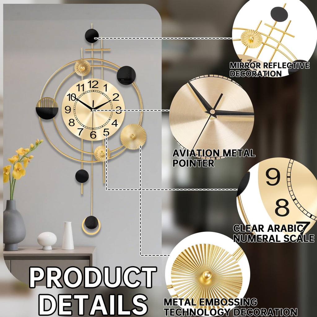 Wall Clock with Pendulum, Silent Quality Quartz Battery Operated, Round Analog Large Wall Clock Kitchen Bathroom