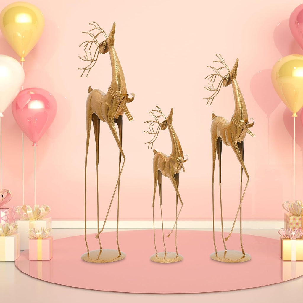 Reindeer Figurine Statues Set of 3, Christmas Reindeer Decor Statues, Gold