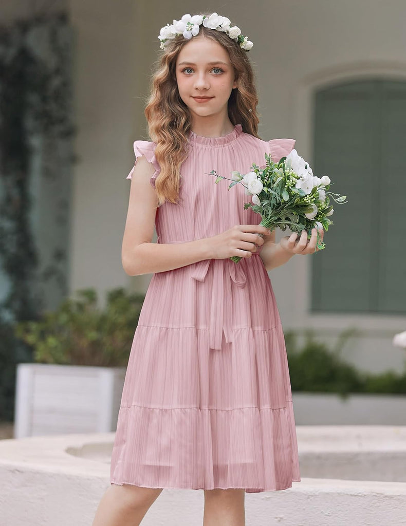 Tween Girls Summer Dress Formal Ruffle Sleeve A Line with Belt