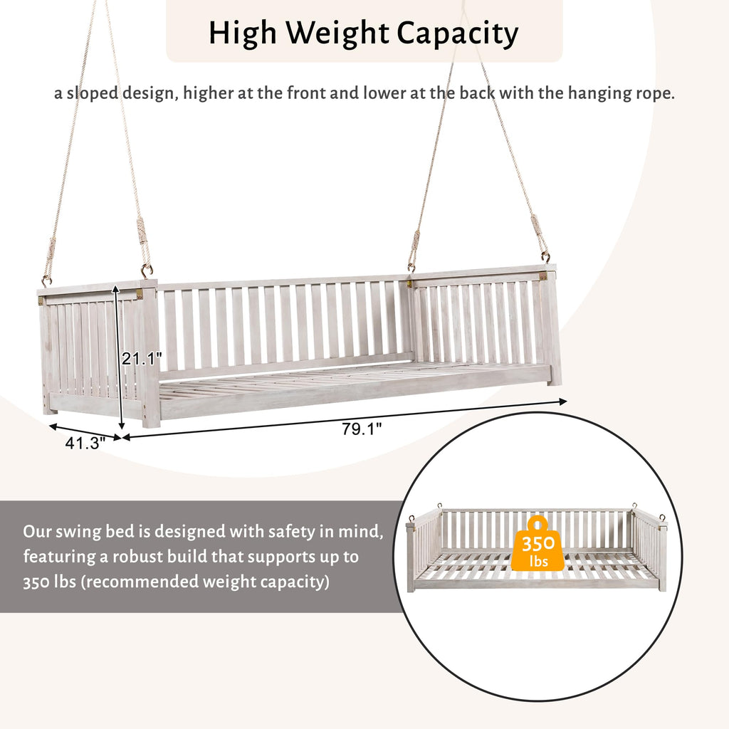 Patio Minimalist Acacia Wood Porch Swing with Hemp Rope, Twin Size Garden Swing Bed 2 Person Seating Group for