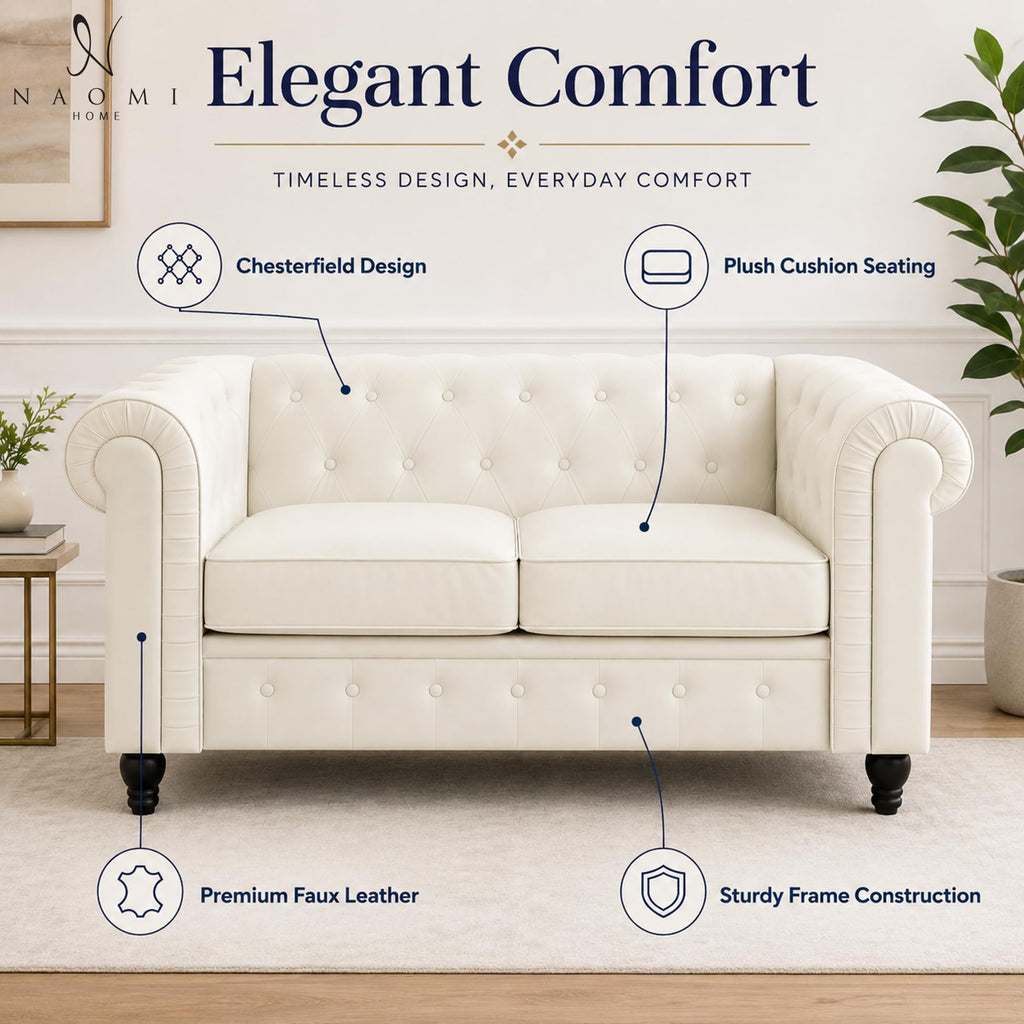 Emery Chesterfield Faux Leather Loveseat, White