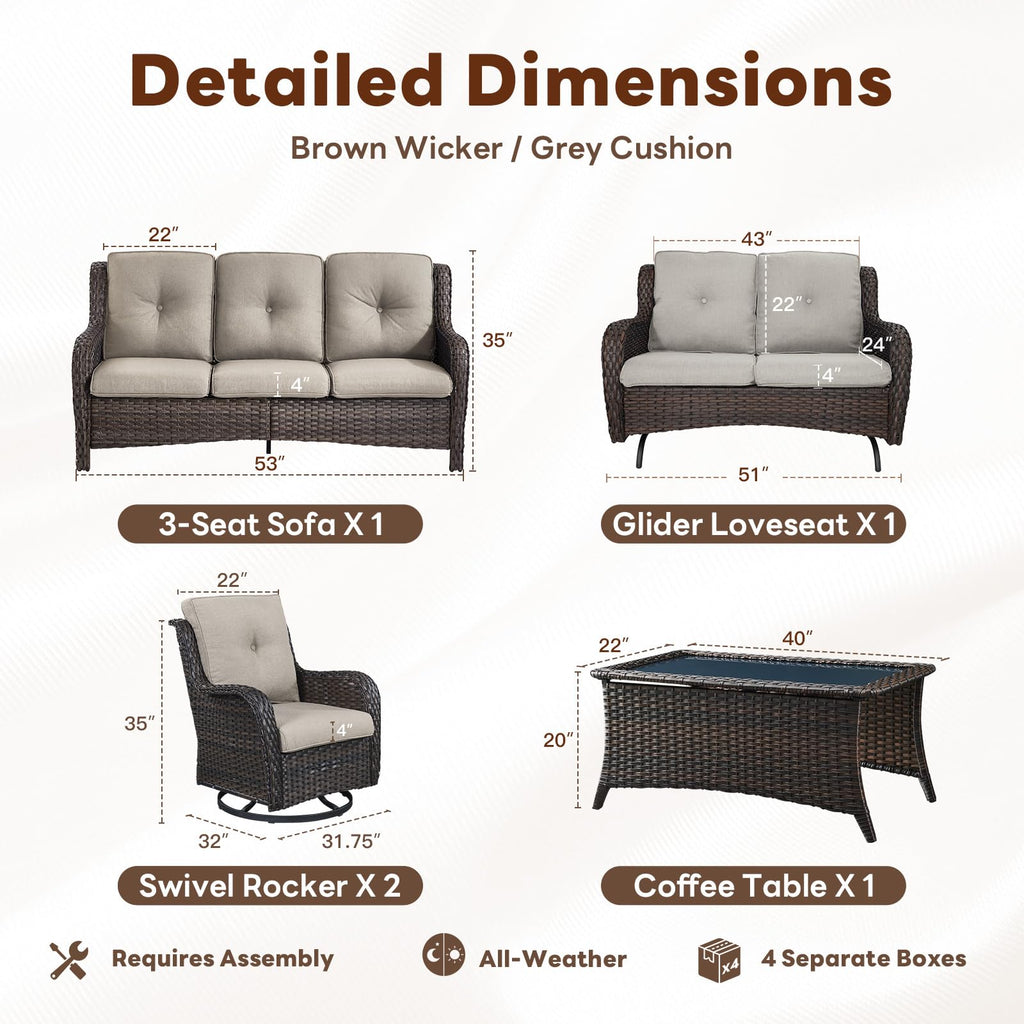 5 Piece Outdoor Wicker Furniture, Patio Swivel Rocking Chairs with Loveseat and 3 Seat Sofa, All Weather Patio