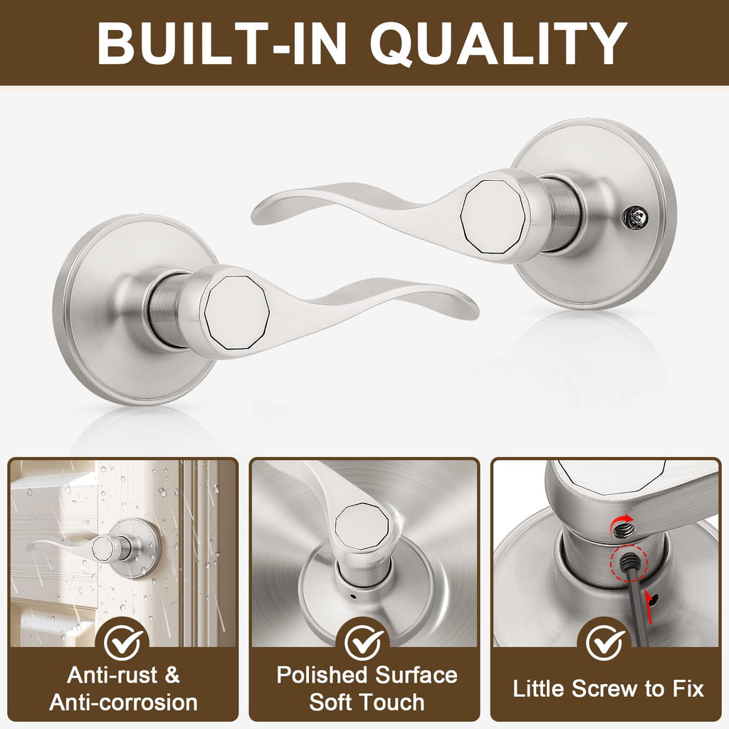 5 Pack Brushed Nickel Finish Keyless Interior Door Handle, Classic Passage Door Lever Closet, Non-Locking Wave Style