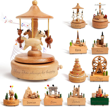 Personalized Wooden Carousel Music Box - Custom Name Gift for Friends, Birthday Christmas Valentine's Day Gift Home