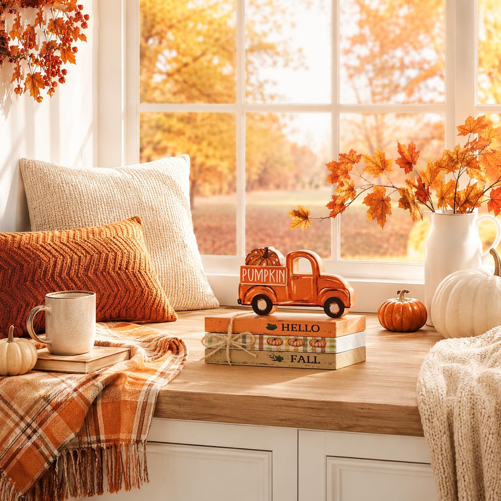 Smile Fall Wooden Decor Signs, Truck Pumpkin HELLO FALL PUMPKIN Tiered Tray Tabletop Signs for Autumn Harvest