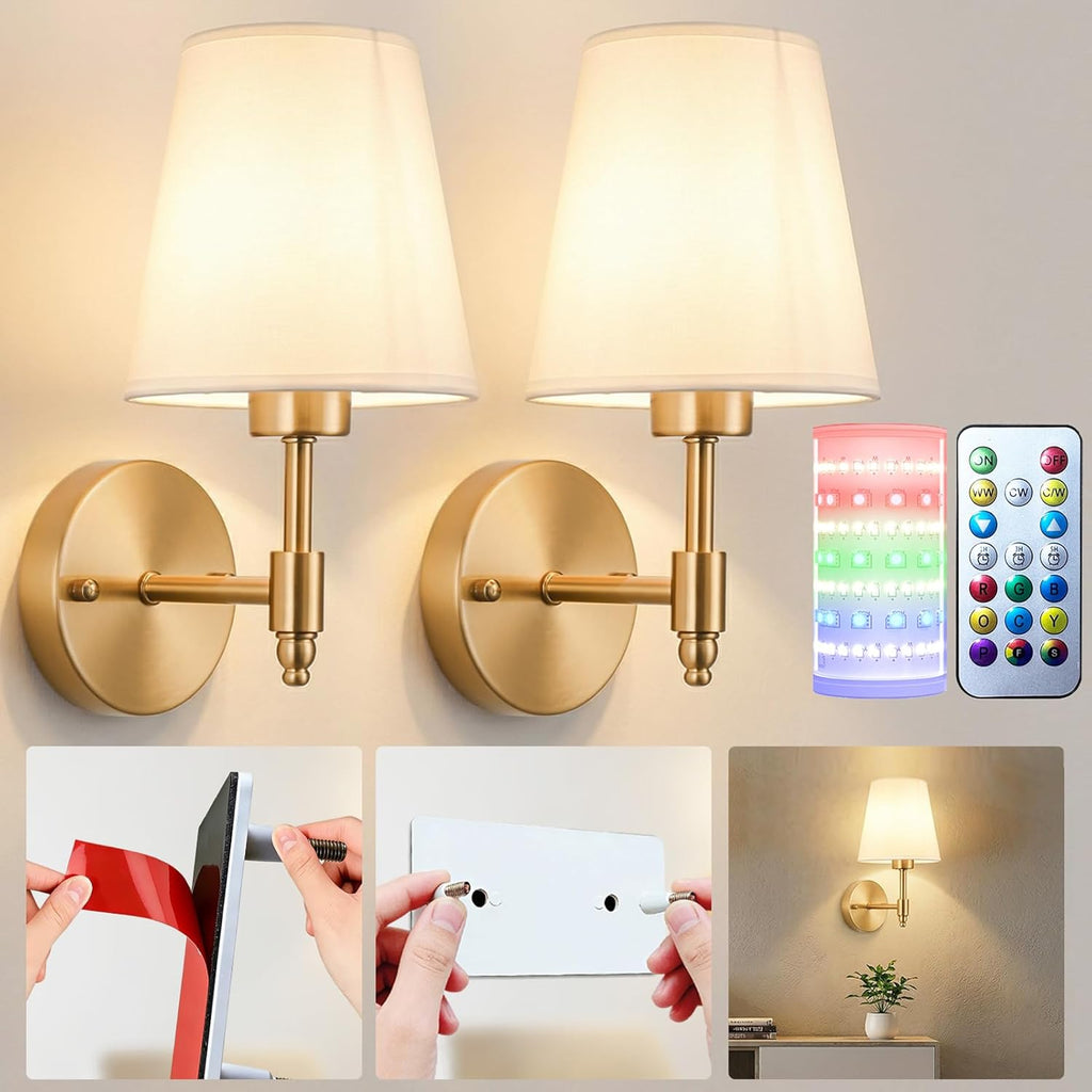 Battery Operated Wall Sconces Set of Two, Wireless Battery Wall Light with 10000mAh RGB Dimmable Magnetic Bulb and