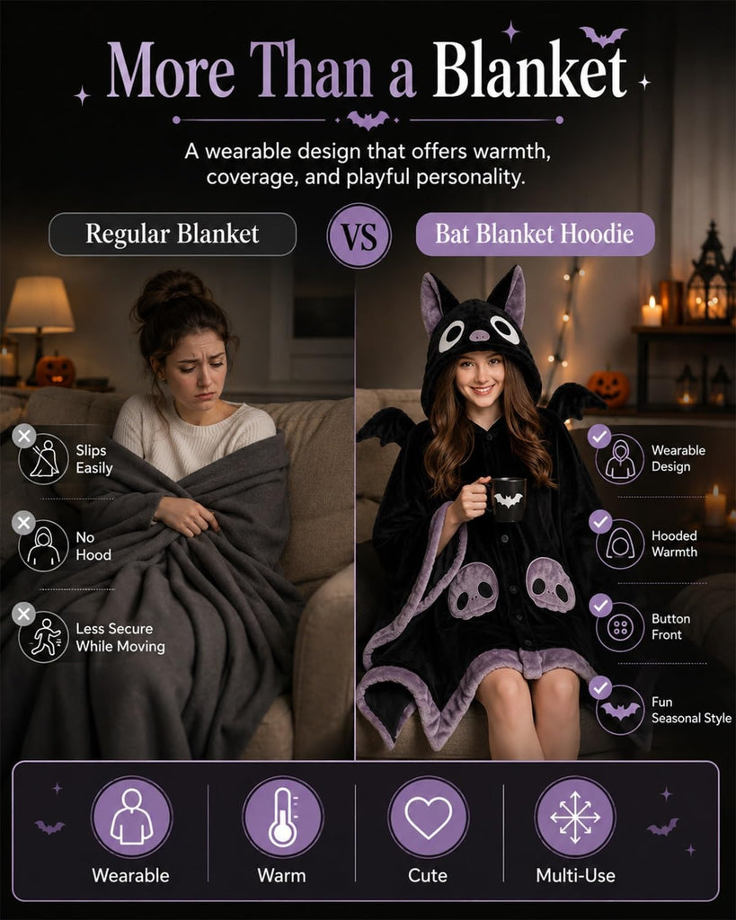 Halloween Cute Bat Wearable Blanket Hoodie Hooded Cape Costume Adult Unisex | Oversized Plush Thick Cloak with Demon