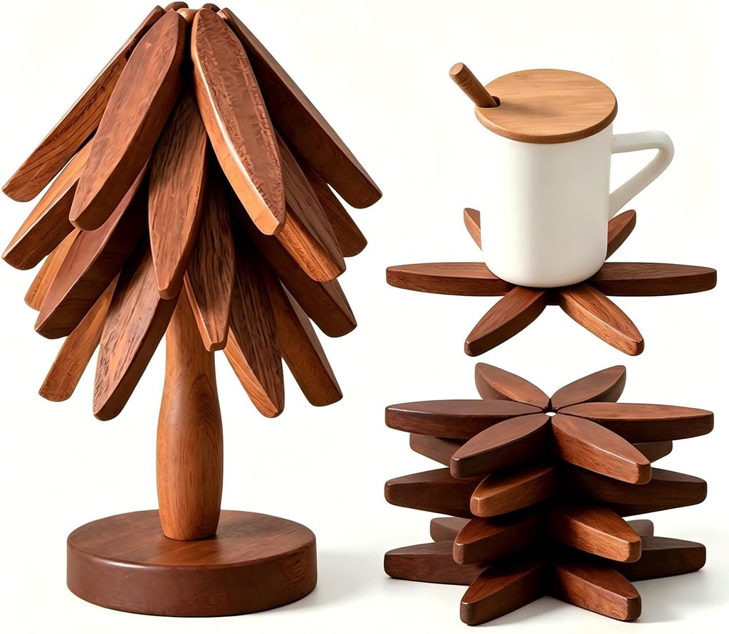 Wooden Trivets for Hot Dishes, Tree Shape Trivet Set, 4 Walnut Wood + 1 Stand stored Like a Christmas Tree,Foldable - Set of 5