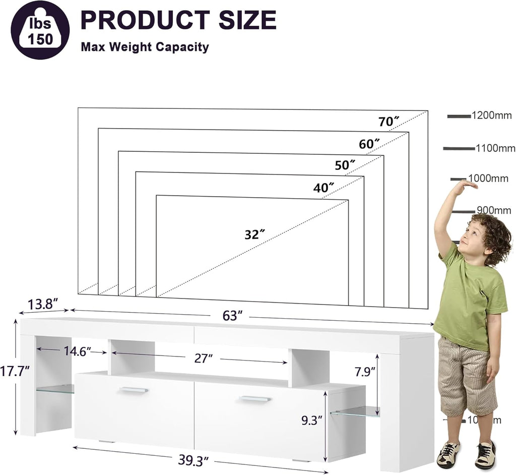Modern Lighting 63 inch TV Stand with Large Storage Drawer for 50 55 60 65 70 75 Inch TVs, TV Console with 20 Color