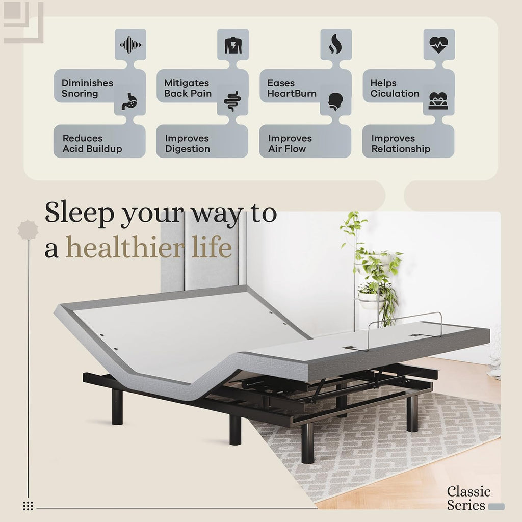 Classic Adjustable Bed Base, Head and Foot Lift, Massage, Under-Bed Lights, USB, Memory, Zero Gravity Smart Frame