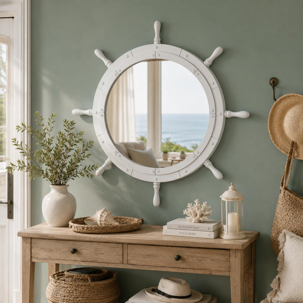Nautical Ship Wheel Mirror Wall Mounted, White Handle, 30 Inch