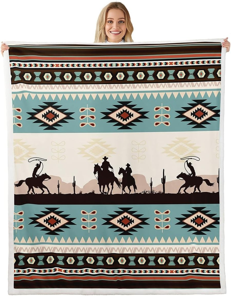 Western Cowboys Plush Throw Blanket,Boho Aztec Ethnic Flannel Fleece Blanket for Boys Girls Teens All Season,Bohemia