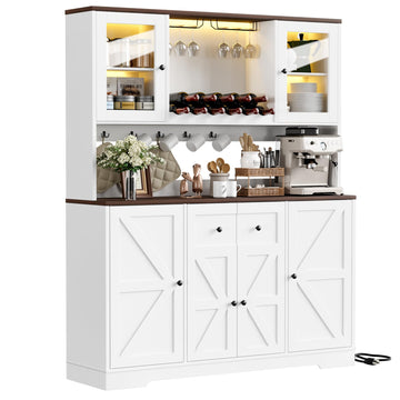 68" Tall Kitchen Pantry Storage Cabinet with Charging Station, 55" Wide Kitchen Hutch Cabinet with Large Countertop