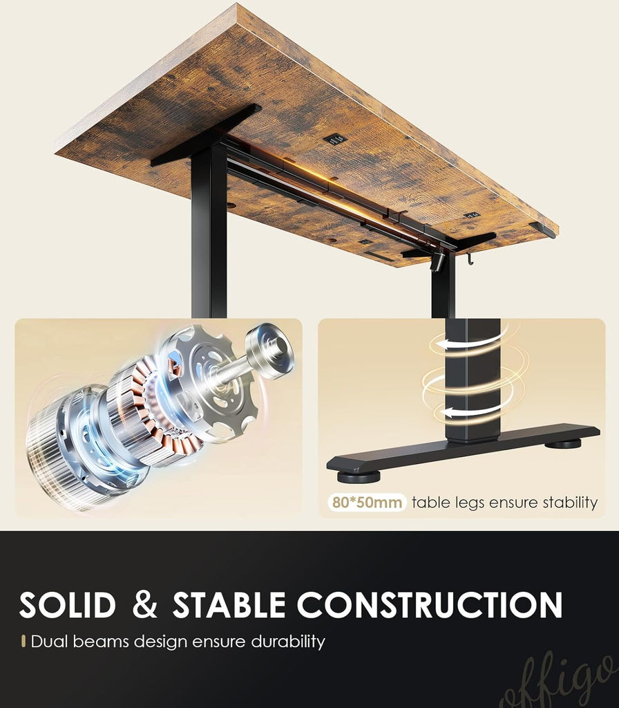 71" Executive Electric Standing Desk Height Adjustable, Rustic Brown | 1.38" Thick 3-Panel Desktop, Power Outlets, 3
