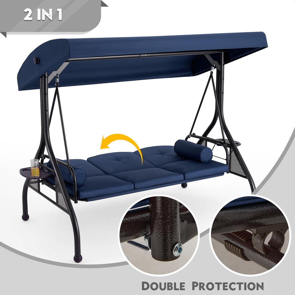 3 Seat Porch Swing with Adjustable Canopy, Patio Swing with Stand