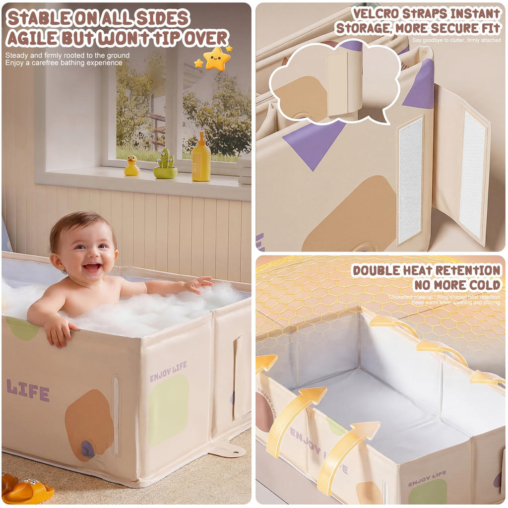 Foldable Baby Bathtub for 0-5 Years, Large and Portable, Beige