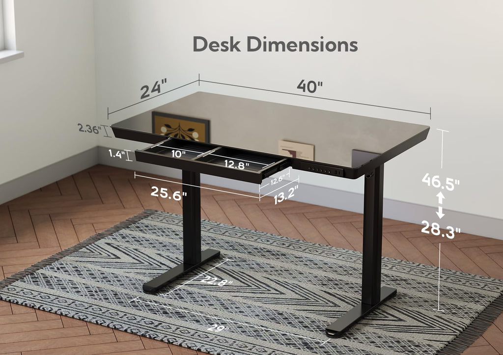 Glass Standing Desk with Drawers, 40 x 24 Inch Electric Stand Up Desk with USB Ports, Adjustable Height, Black