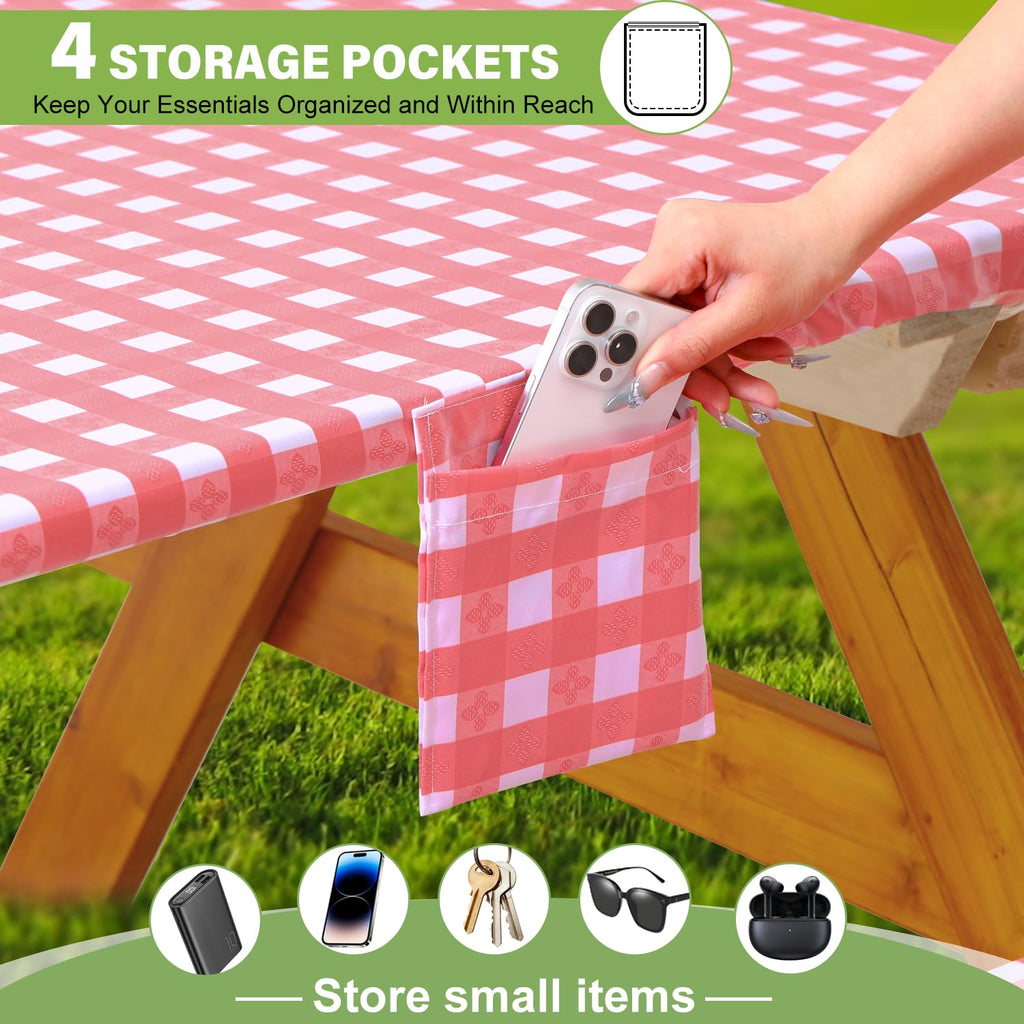 Fitted Picnic Table Cover with Bench Covers Waterproof Elastic Edges Rectangle Patio Tablecloth Outdoor Camping