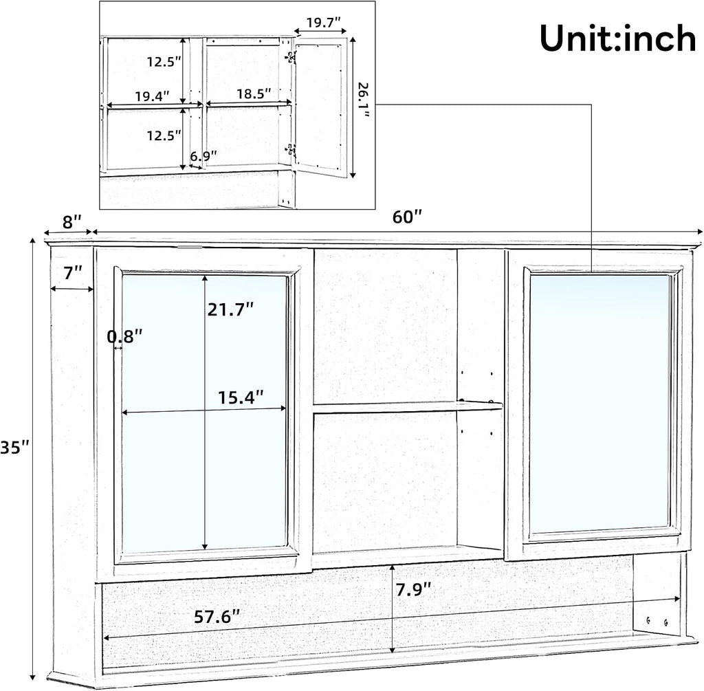 60" Wall-Mounted Bathroom Medicine Cabinet with Double Mirrored Doors, 2-in-1 Mirror & Storage Design Cabinet with