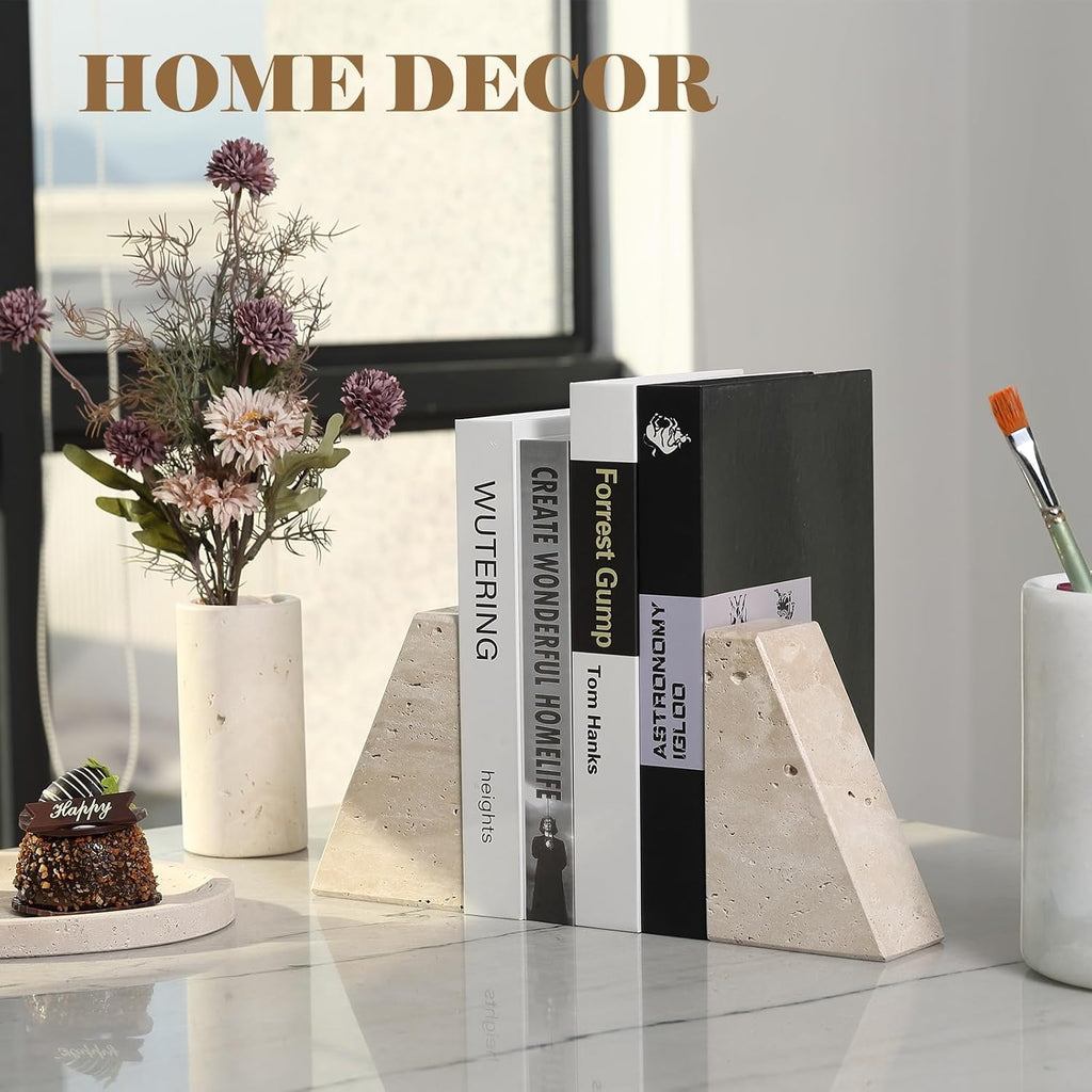 Travertine Bookends for Heavy Books, Marble Decorative Bookends for Shelves, Heavy-Duty Stone Book Ends for Hardback
