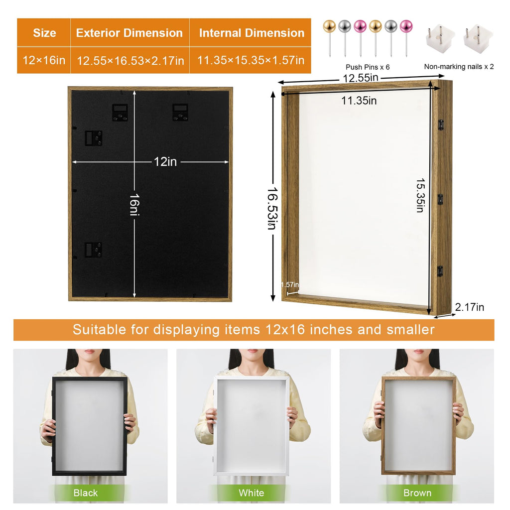 12x16 Brown Deep Shadow Box Picture Frame with Polished Plexiglass