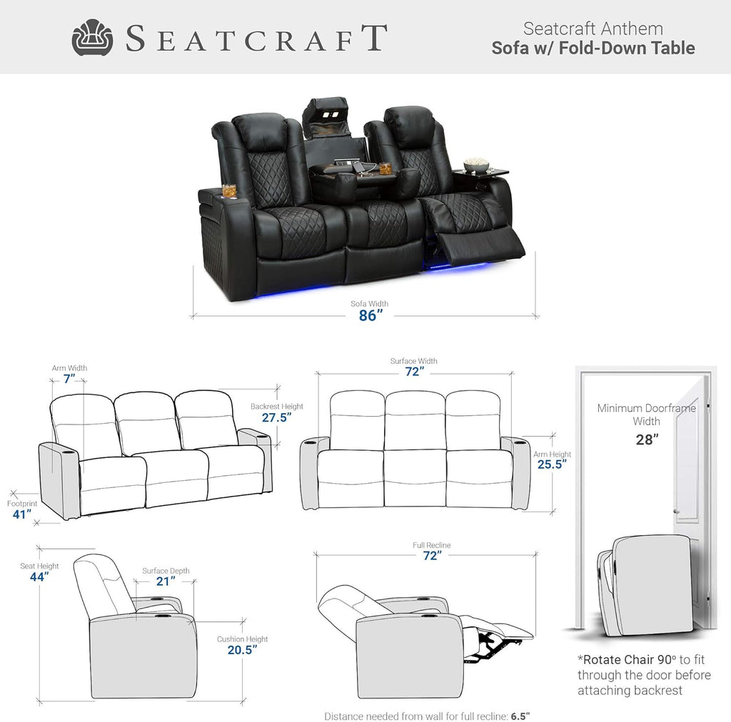 Anthem Home Theater Seating - Italian Leather - Power Recline Sofa - Fold-Down Table - Powered Headrests - Arm Storage