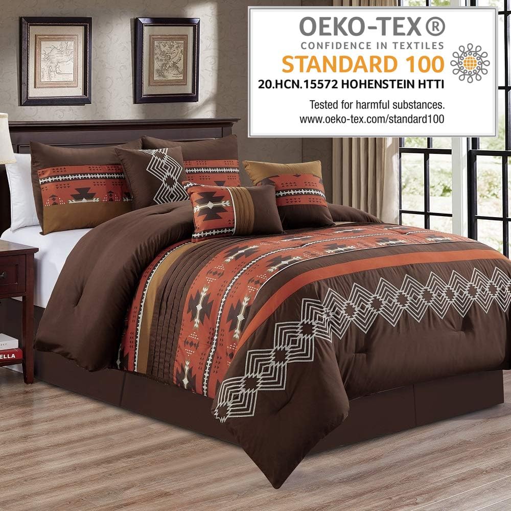 7 Piece Western Southwestern Native American Design Comforter Set Multicolor Coffee Brown Embroidered Bed