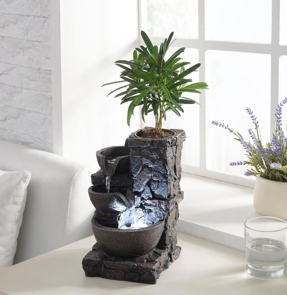 Indoor Tabletop Water Fountain with Planter Pot, Small Desk Waterfall with Cool LED Lights, Zen Decor, Calming