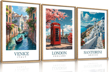 Italy Coast Wall Art Framed, Blue Europe Cityscape Italian Wall Decor set of 3 , Venice London Santorini