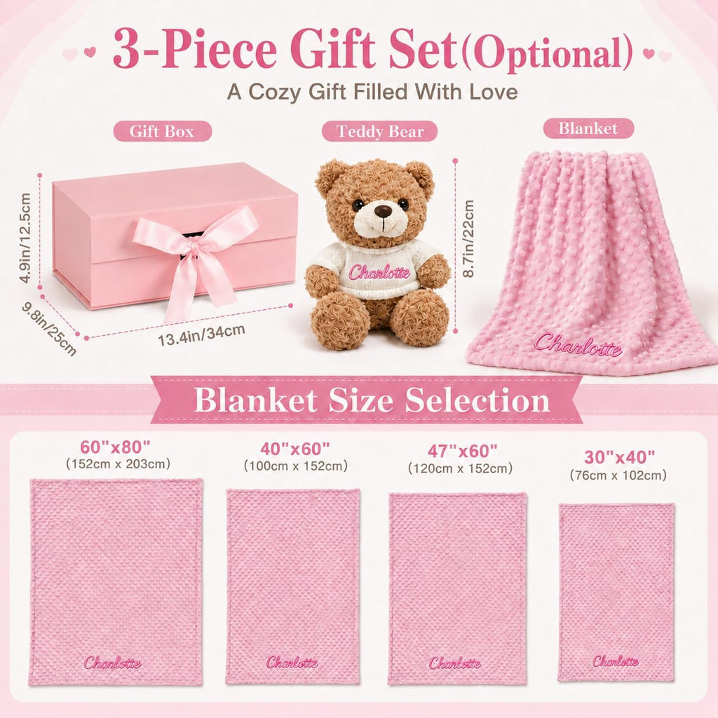 Blanket with Optional Plush Teddy Bear Gift Set, Custom Baby Blankets with Embroidered Name, Double Layer Dot Swaddle
