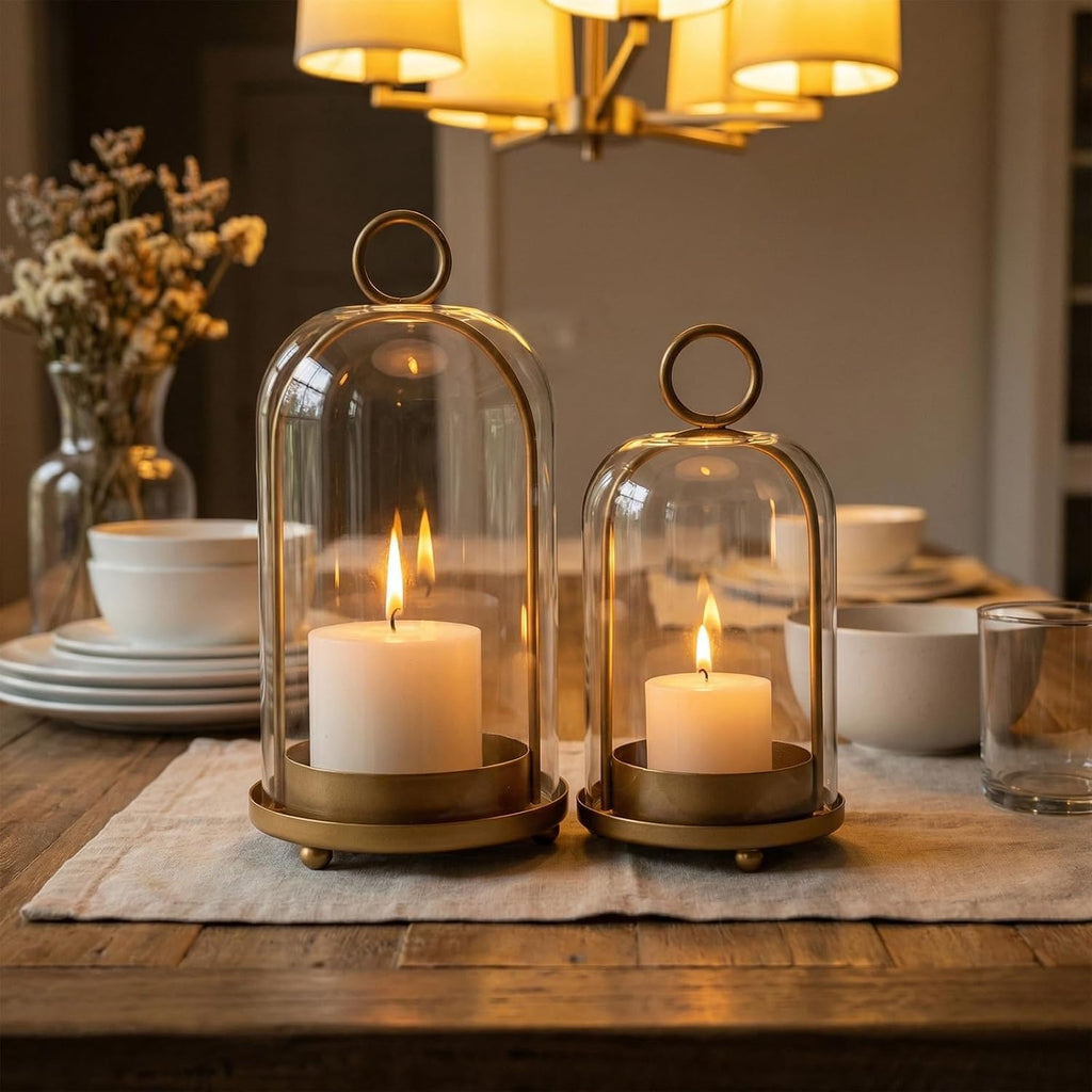 Set of 2 Candle Lantern, Candle Holders with Glass Dome 10" & 7.87" | Vintage Brass Design, Perfect for Pillar