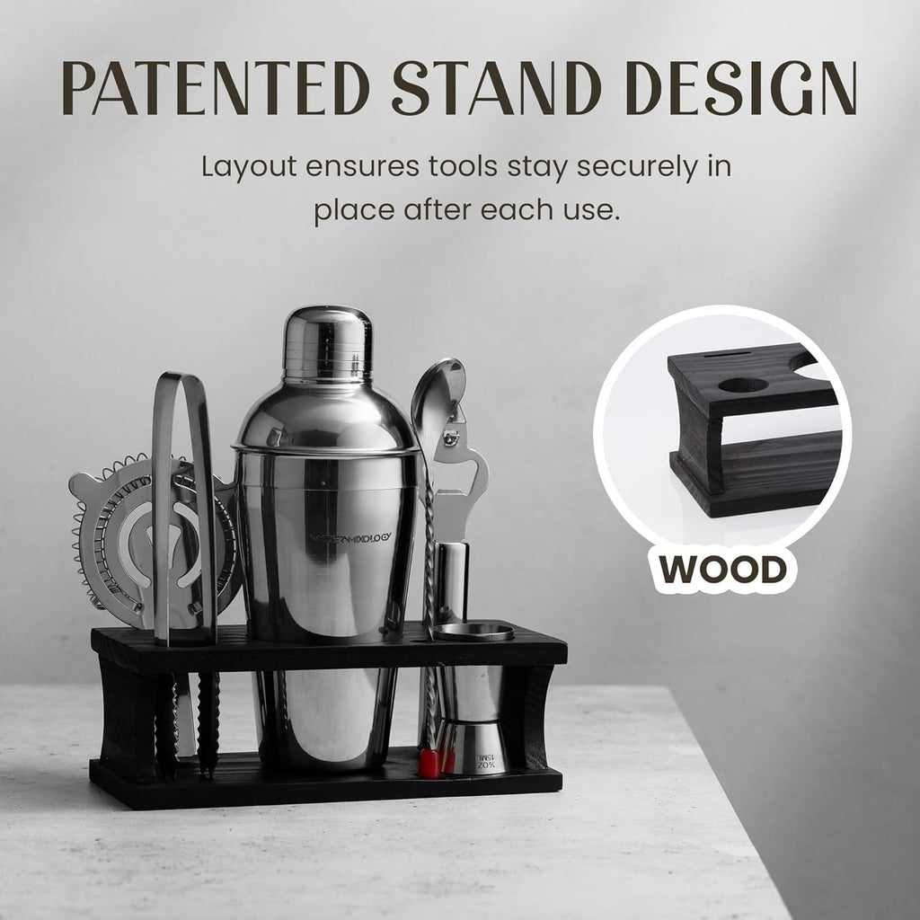 Cocktail Shaker Set - Bartender Kit with Pine Stand | Leak-Proof Design | Includes Martini Shaker, Jigger, Strainer