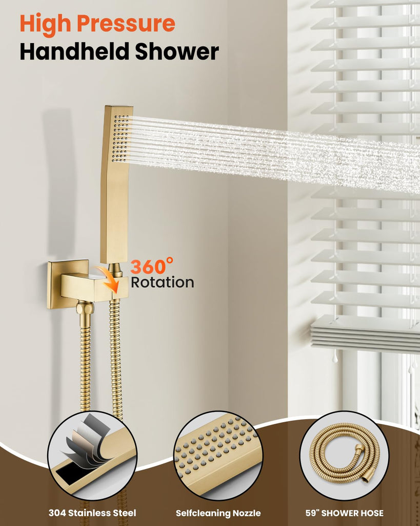 Shower Faucet Set with Handheld Spray Brushed Gold, 16'' Head