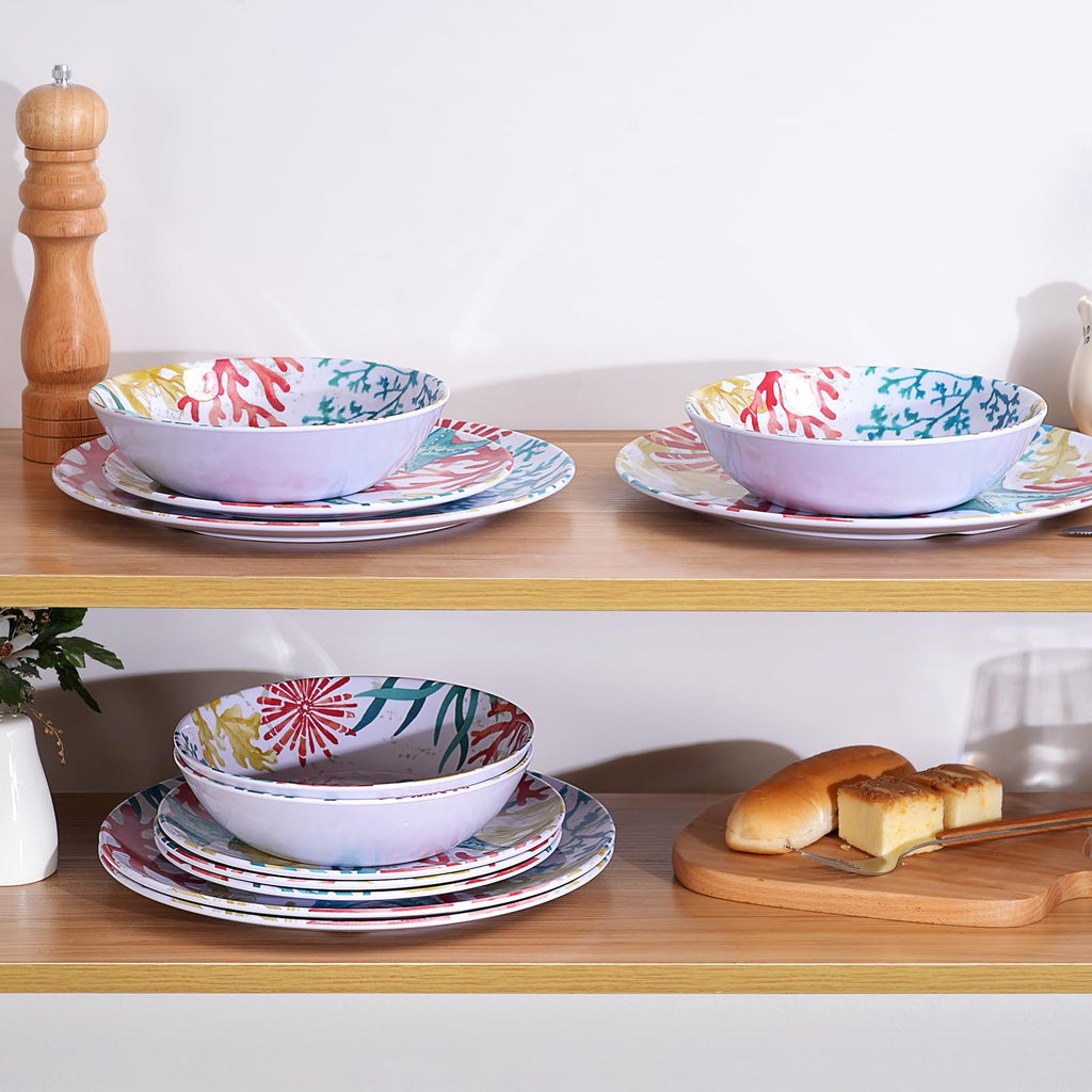 Melamine Dinnerware Set for 4 - 12-Piece Starfish Coral Design Plates and Bowls, Ocean Dishes set, Unbreakable Dinner