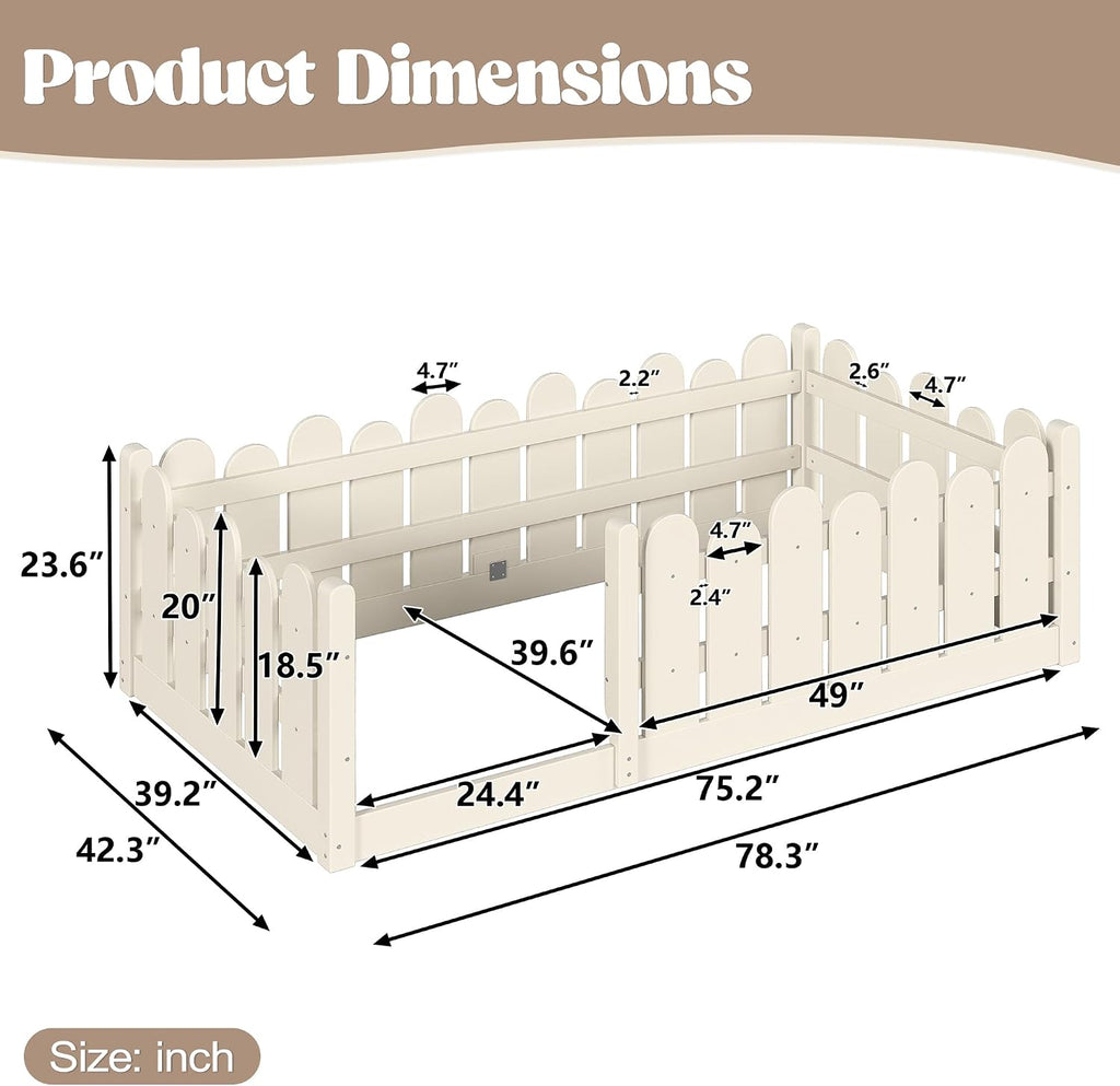 Twin Size Montessori Floor Bed with High Fence and Safety Guardrail, Solid Wood Floor Bed with Slats for Kids, Boys