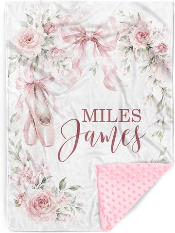 Blankets with Name - Custom Pink Bow Pattern Baby Girl Blanket - Soft Minky Dot Blanket for Crib, Nursery, Stroller
