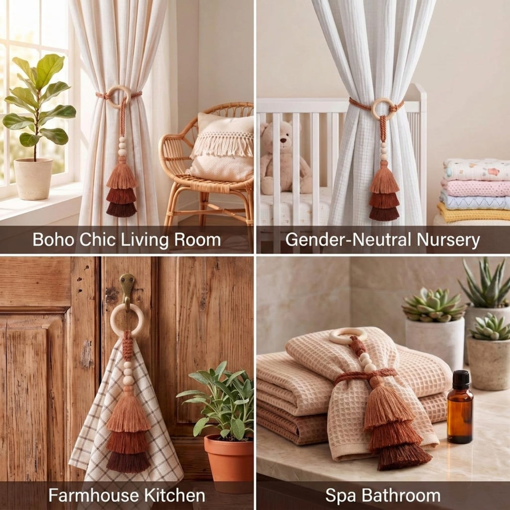 Boho Curtain Tiebacks with Wooden Beads Rings, Terracotta - 4 Pcs