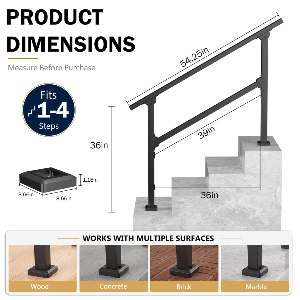 2pack Hand Rails for Outdoor Steps, 4-Step Metal Stair Railing Kit
