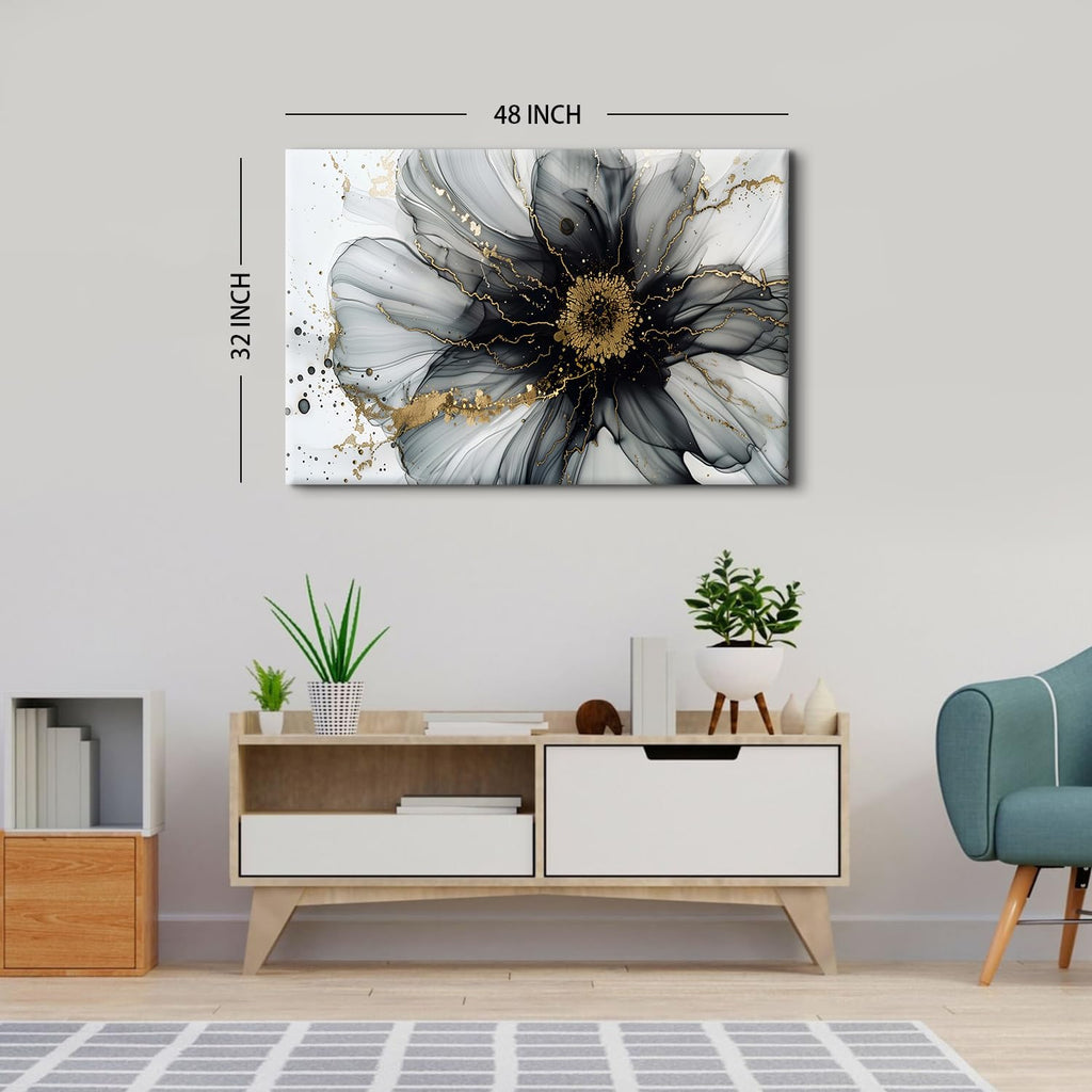 Large Black and White Abstract Wall Art Above Bed Picture, Marble Flower Wall Decor Watercolor Fluid Glitter Texture