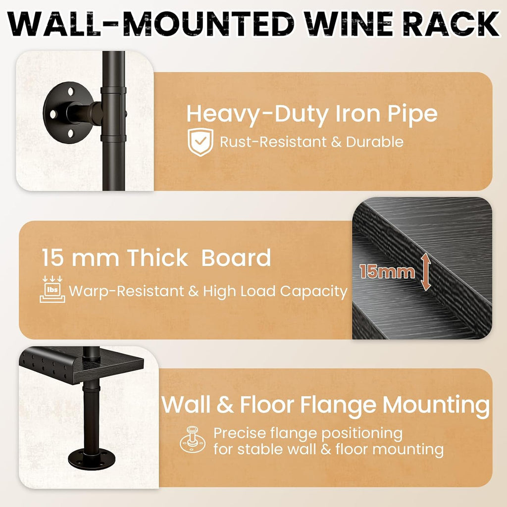 5-Tier Industrial Bar Shelves Wall Mounted, 78" Tall Pipe Wine Rack with Anti-Fall Guards, Wall Mounted Bar Shelves