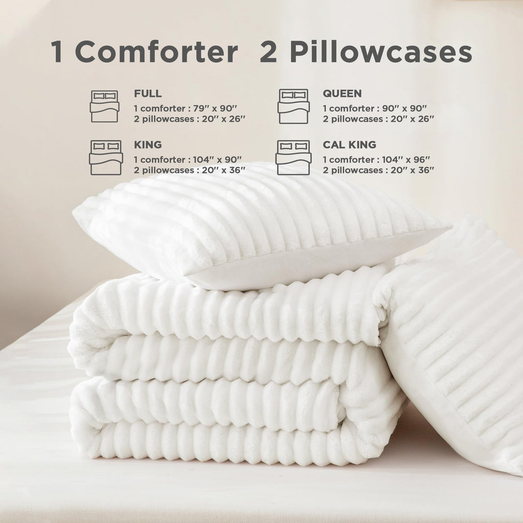 Fluffy Comforter Set, White Fleece Faux Fur Bedding Set