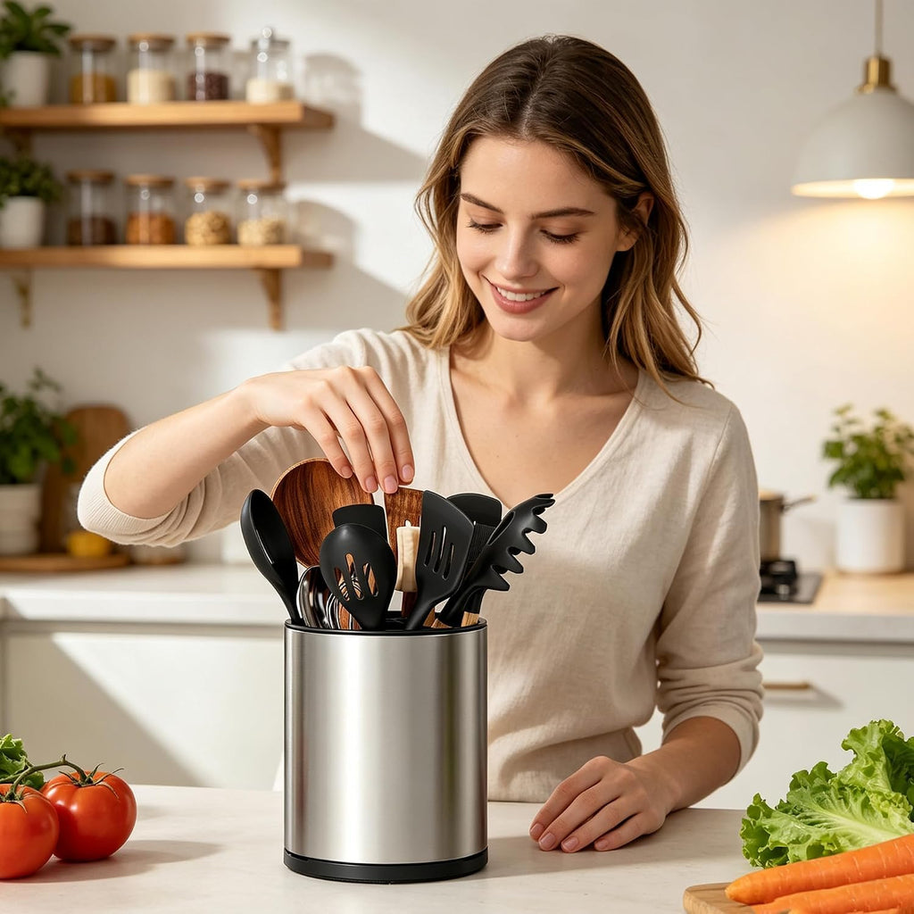 Kitchen Utensil Holder Stainless Steel Rotating Utensil Crock